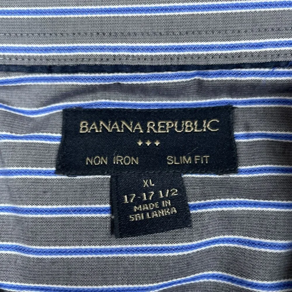 Banana Republic Mens Non-Iron Slim Fit Shirt XL Gray & Blue Striped 6342